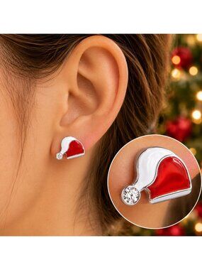 Santa Hat Stud Earrings With Crystal Detail Red & White Christmas-Themed Jewelry